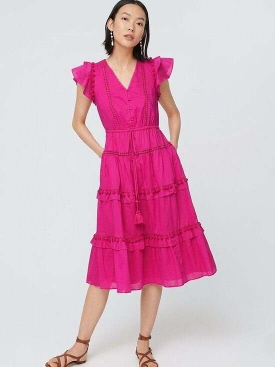 J. Crew Dresses & Skirts - NWT J.Crew Pom-pom Midi in Neon Flamingo Pink Cotton Voile Tiered Dress 16T